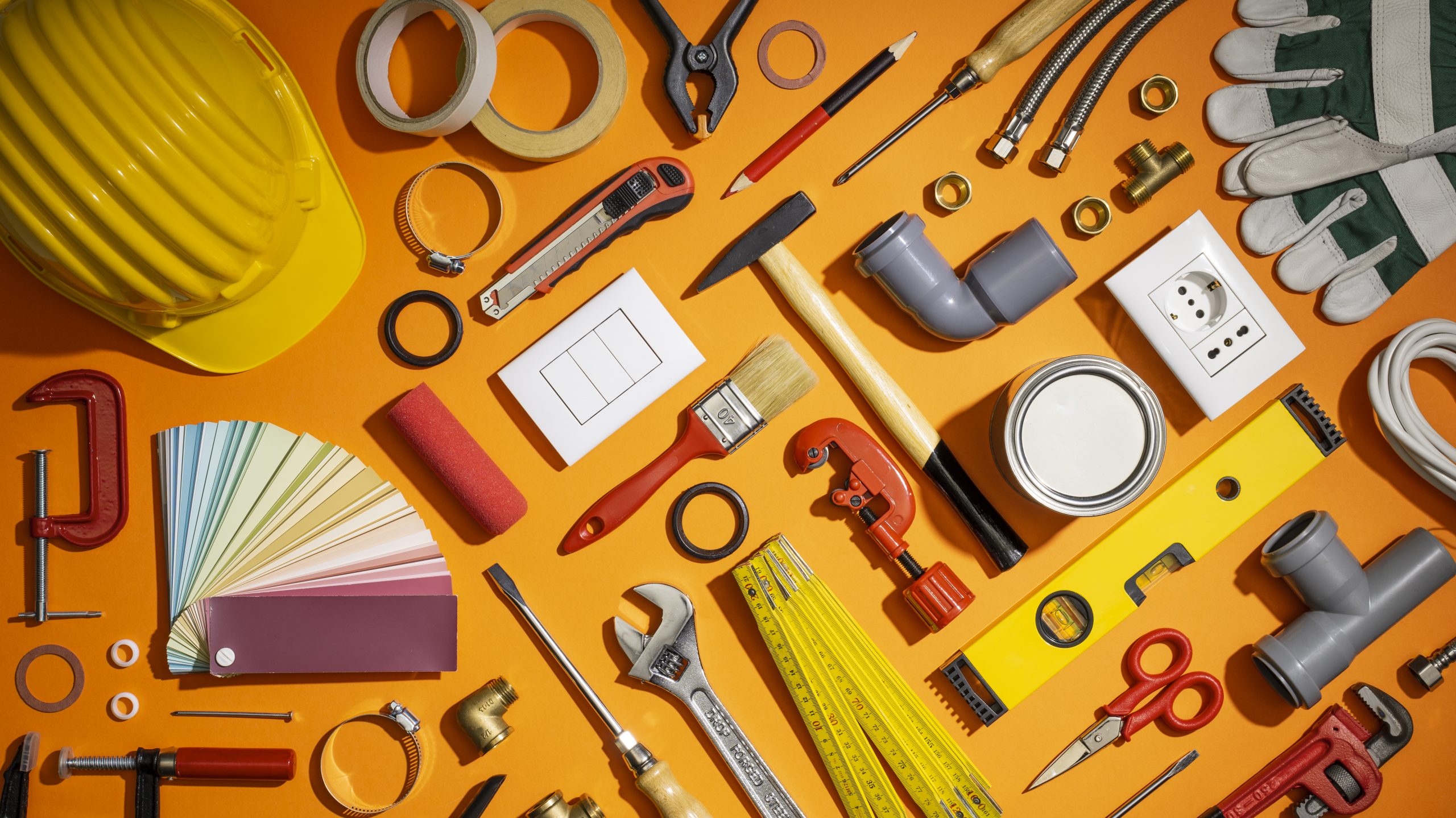 Do it yourself, repair and home renovation tools collection, flat lay